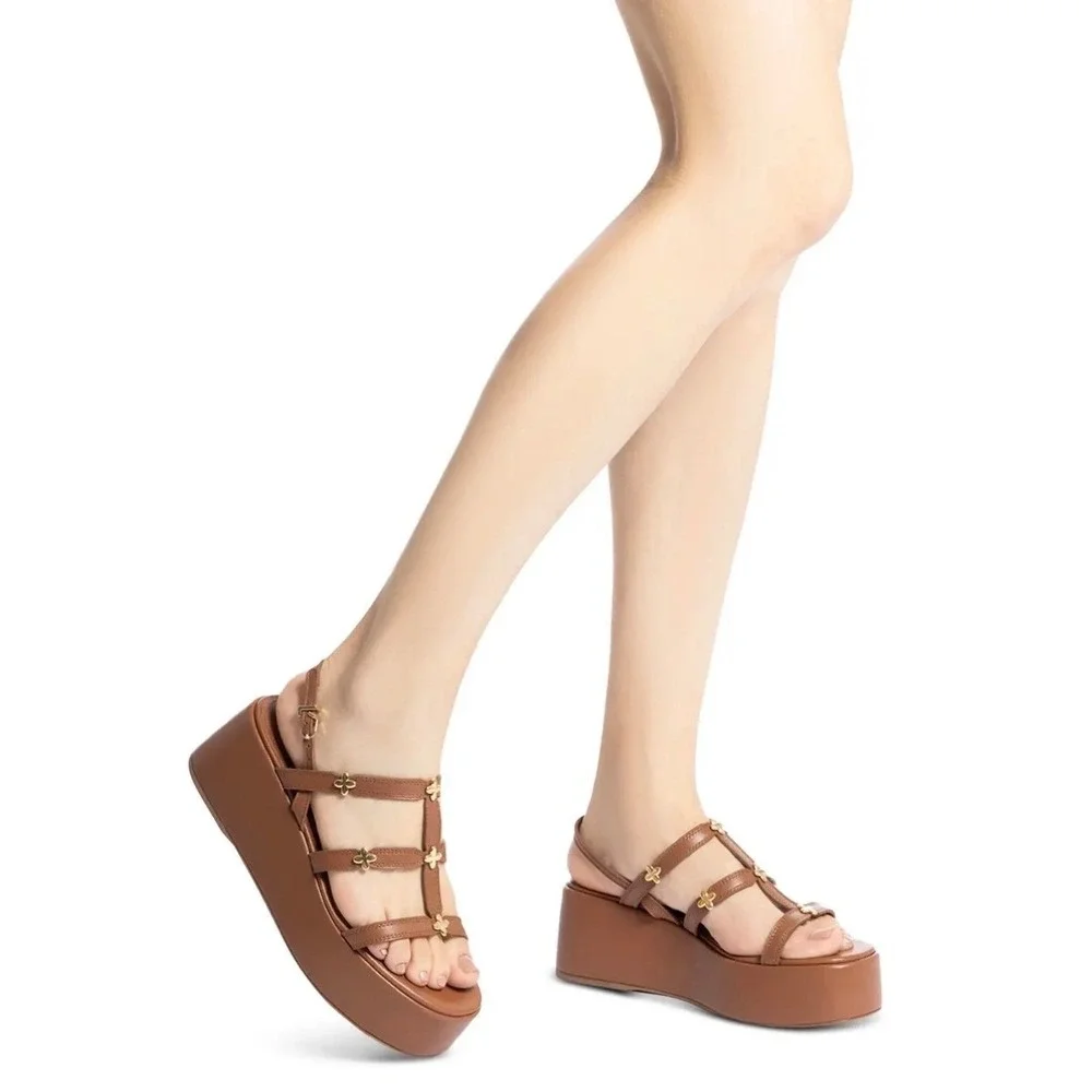 Larroude Platform Sandals Womens 9 Tan Leather Gold Floral Strappy Gladiator V58